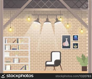 Comfortable Coworking Office Design. Creative Workplace, Modern Informal Open Space Interior. Shared Work Area with Chair, Book Shelf, Bright Lamp. Flat Cartoon Vector Illustration. Comfortable Coworking Freelance Office Design