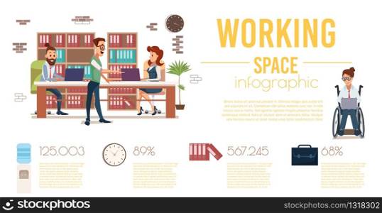 Comfortable, Disabled-Accessible Coworking Space Trendy Flat Vector Infographics Banner or Poster Template. Businesspeople Team Working in Office, Woman in Wheelchair Using Laptop Illustration