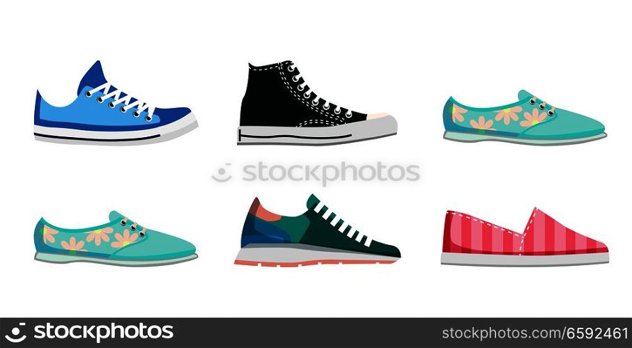 Comfortable flat shoes collection isolated on white background. high and low keds, run sneaker, loafers with flowers and striped slip-on vector illustration. Women footwear for sport and casual look.. Comfortable Flat Shoes For Every Day Illustrations