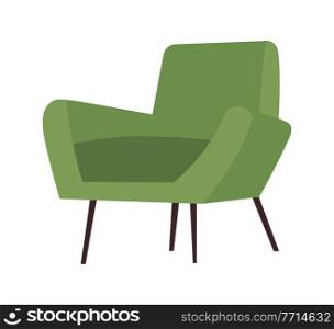 Comfortable green upholstered in cloth isolated on white background. Furniture for interior design flat vector illustration. Interior item on wooden legs. Furniture model made of wood for sitting. Comfortable green chair isolated on white background. Furniture for interior vector illustration