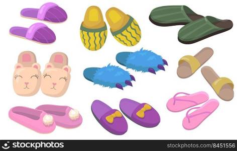 Comfortable home footwear set. Sleepers shoes with fur, bows, claws for kids and adults isolated on white background. Vector illustration for hotel room or cozy home concept