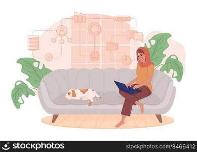 Comfortable home office 2D vector isolated illustration. Remote work flat character on cartoon background. Cozy job environment colourful editable scene for mobile, website, presentation . Comfortable home office 2D vector isolated illustration