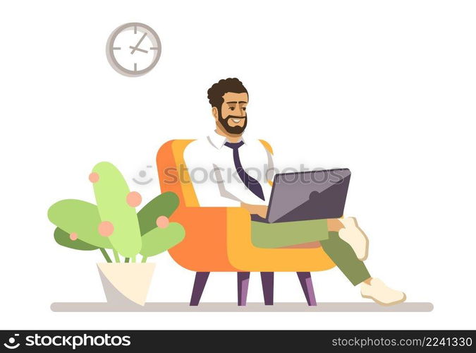 Comfortable home office semi flat RGB color vector illustration. Man working from home isolated cartoon character on white background. Comfortable home office semi flat RGB color vector illustration