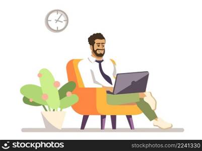Comfortable home office semi flat RGB color vector illustration. Man working from home isolated cartoon character on white background. Comfortable home office semi flat RGB color vector illustration