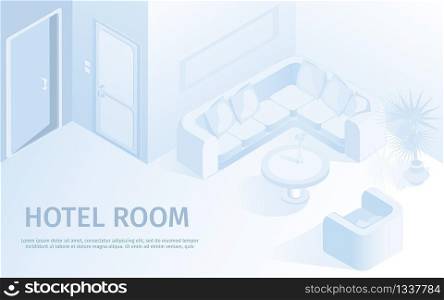 Comfortable Hotel Room Modern Interior Vector Isometric Illustration. Contemporary Luxury Apartment with Sofa Render Resort Vacation Business Trip Tourism Booking Online Service Website. Comfortable Hotel Apartment Vector Illustration