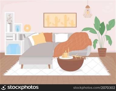 Comfortable living room flat color vector illustration. Sofa with pillow and blankets at home. Couch and other furnishing. Nordic style 2D cartoon interior with furnishing on background. Comfortable living room flat color vector illustration