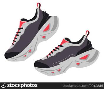 Comfortable pair of sneakers with red design, isolated shoes in shop or store assortment. Rubber or leather footwear. Accessories and clothes for doing sports or jogging. Vector in flat style. Sneakers with shoelaces, simple pair of shoes
