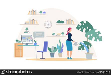 Comfortable Place for Work Flat Vector Concept. Businesswoman, Female Company Employee, Freelancer Watering Flowerpot in Modern Office Room with Computer on Work Desk, Bookshelves on Wall Illustration