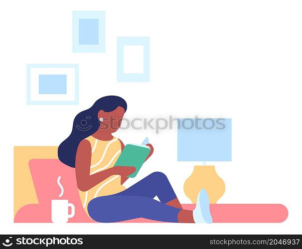 Comfortable reading. Woman holding book. Person relaxing at home isolated on white background. Comfortable reading. Woman holding book. Person relaxing at home