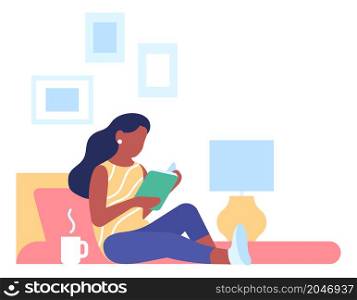 Comfortable reading. Woman holding book. Person relaxing at home isolated on white background. Comfortable reading. Woman holding book. Person relaxing at home
