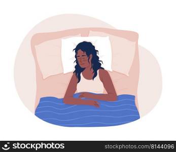 Comfortable sleeping on back 2D vector isolated illustration. Woman with peaceful face flat character on cartoon background. Cosy atmosphere. Colourful editable scene for mobile, website, presentation. Comfortable sleeping on back 2D vector isolated illustration