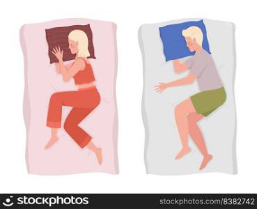 Comfortable sleeping positions 2D vector isolated illustration set. Relaxing on right side flat characters on cartoon background. colourful editable scene collection for mobile, website, presentation. Comfortable sleeping positions 2D vector isolated illustration set