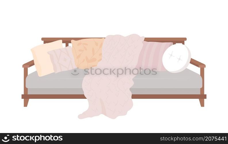 Comfortable sofa with pillows semi flat color vector item. Grey couch. Realistic object on white. Scandinavian interior isolated modern cartoon style illustration for graphic design and animation. Comfortable sofa with pillows semi flat color vector item