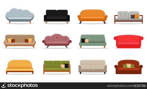 Comfortable sofas. Luxury couch for apartment, comfort sofa models and modern house sofas. Domestic couch furniture, cozy luxury fashion sofas. Flat vector isolated illustration icons set. Comfortable sofas. Luxury couch for apartment, comfort sofa models and modern house sofas flat vector illustration set