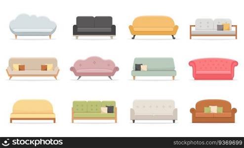 Comfortable sofas. Luxury couch for apartment, comfort sofa models and modern house sofas. Domestic couch furniture, cozy luxury fashion sofas. Flat vector isolated illustration icons set. Comfortable sofas. Luxury couch for apartment, comfort sofa models and modern house sofas flat vector illustration set