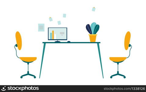 Comfortable Workplace in Modern Office Cartoon. Two Task Chairs, Table with Computer and Flower in Pot, Stickers on Wall. Optimum Workspace Organization for Work and Rest. Flat Vector Illustration. Comfortable Workplace in Modern Office Cartoon
