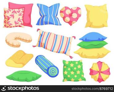 Comfy pillow. Bed cushions, different shape multicolor pillows for sleep and bedroom decor textile cartoon vector set of pillow comfy and home soft cushion illustration. Comfy pillow. Bed cushions, different shape multicolor pillows for sleep and bedroom decor textile cartoon vector set
