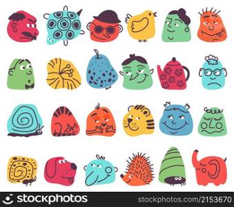 Comic abstract faces. Funny icons, avatars character collage. Bright cute creative logo, cartoon dynamic shapes decent vector set. Colored form different, elephant animal and dog face illustration. Comic abstract faces. Funny icons, avatars character collage. Bright cute creative logo, cartoon different dynamic shapes decent vector set