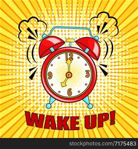 Comic alarm clock ringing and expression with wake up text. Vector bright dynamic cartoon object in retro pop art style isolated on white background
