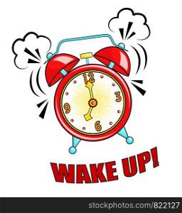 Comic alarm clock ringing and expression with wake up text. Vector bright dynamic cartoon object in retro pop art style isolated on white background