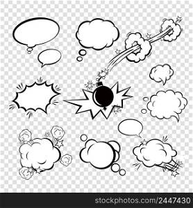 Comic black blank text speech bubbles in pop art style with cartoon bomb set vector illustration