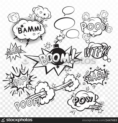 Comic black speech bubbles in pop art style with bomb cartoon explosion snap boom poof text set vector illustration