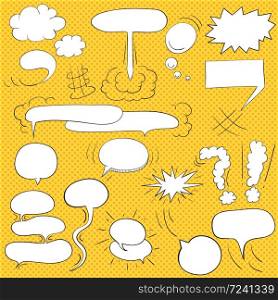 Comic blank text speech clouds in pop art style, set, hand drawn, vector illustration. Comic text clouds in pop art style, set, hand drawn, vector illustration