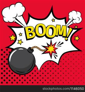 Comic bomb. Cartoon kaboom bomb icon with boom text and burning fuse detonator vector illustration. Cartoon bomb icon with text