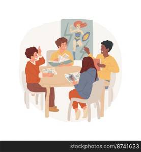 Comic book club isolated cartoon vector illustration. Group of teenagers sitting at table reading, discuss comic book, club member, middle school hobby, meeting in library vector cartoon.. Comic book club isolated cartoon vector illustration.