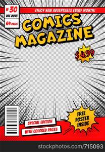 Comic book cover. Comics books title page, funny superhero magazine or comic pop art book cartoon title poster template isolated vector template. Comic book cover. Comics books title page, funny superhero magazine isolated vector template