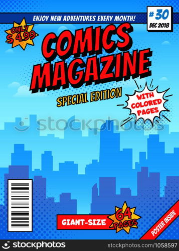 Comic book cover page. City superhero empty comics magazine covers layout, town buildings and vintage comic books. Super hero cartoon pop books page retro template vector template. Comic book cover page. City superhero empty comics magazine covers layout, town buildings and vintage comic books vector template