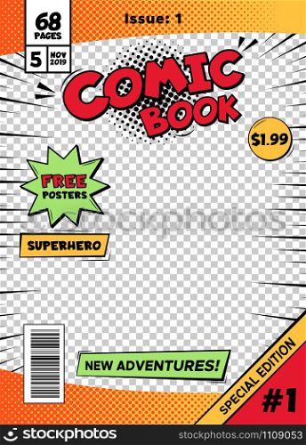 Comic book cover page template. Cartoon pop art comic book title poster, superhero comic book title page vector isolated cover template illustration. Old school comics special edition. Comic book cover page template. Cartoon pop art comic book title poster, superhero comic book title page vector isolated cover template illustration. Comics front page with transparent background