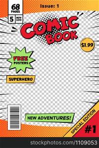 Comic book cover page template. Cartoon pop art comic book title poster, superhero comic book title page vector isolated cover template illustration. Old school comics special edition. Comic book cover page template. Cartoon pop art comic book title poster, superhero comic book title page vector isolated cover template illustration. Comics front page with transparent background