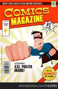 Comic Book Cover Template. Illustration of a cartoon editable comic book cover template, with super hero character flying, titles and subtitles to customize, and wrong bar code and label