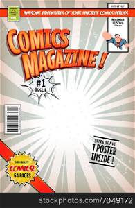 Comic Book Cover Template. Illustration of a cartoon editable comic book cover template, with super hero character flying, titles and subtitles to customize, and wrong bar code and label