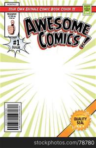 Comic Book Cover Template. Illustration of a cartoon editable comic book cover template, with super hero magazine style, titles and subtitles to customize, and wrong bar code and label