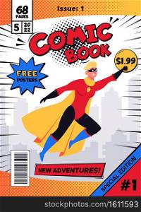 Comic book cover. Vintage magazine with male superhero character in action pose vector illustration. Retro comic book template. Flying masked superman in costume with cape. Periodical publication. Comic book cover. Vintage magazine with male superhero character in action pose vector illustration. Retro comic book template