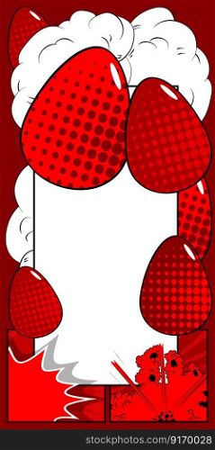Comic Book Easter background with red eggs and background. Comics abstract holiday backdrop. Retro pop art style poster.