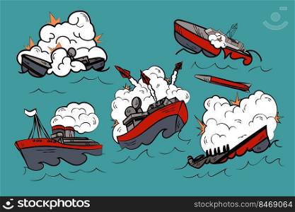 Comic book of submarines in battle cartoon illustration set. Warships or boats fighting in sea, exploding bombs, launching missiles. Military action, explosion concept