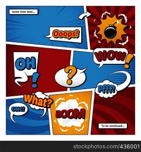 Comic book page vector template with cartoon elements and comic words in bubbles. Cloud cartoon halftone effects illutration. Comic book page vector template with cartoon elements and comic words in bubbles