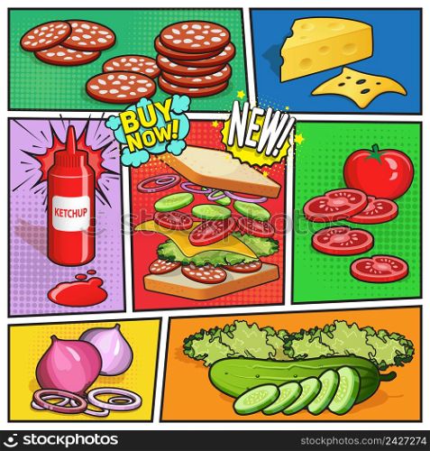 Comic book page with advertising of sandwich ingredients ketchup in bottle on divided colorful background vector illustration. Sandwich Advertising Comic Page