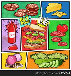 Comic book page with advertising of sandwich ingredients ketchup in bottle on divided colorful background vector illustration. Sandwich Advertising Comic Page