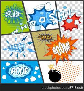 Comic book page with cartoon bomb abstract sounds speech bubbles vector illustration