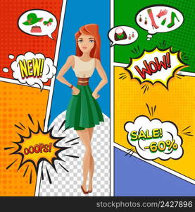 Comic book page with pretty woman, sale of female products, expression of emotions in bubbles vector illustration. Female Products Comic Book Page