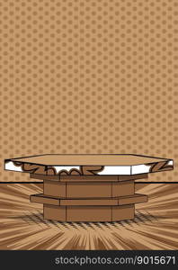 Comic Book Stage. Brown Hexagonal Showcase. Cartoon podium for mockup presentation. Vector Product Advertisement Space. Graphic Presentation Illustration.