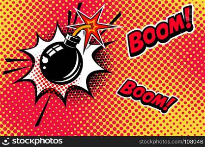 Comic book style background with bomb explosion. Design element for banner, poster, flyer. Vector image