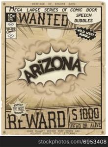 Comic book style poster. Arizona - United States of America. Retro poster in style of times the Wild West. Comic speech bubble with speed lines and 3D explosion.