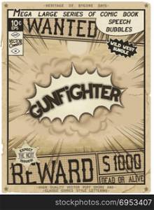 Comic book style poster. Gunfighter. Retro poster in style of times the Wild West. Comic speech bubble with speed lines and 3D explosion.