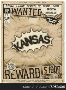 Comic book style poster. Kansas - United States of America. Retro poster in style of times the Wild West. Comic speech bubble with speed lines and 3D explosion.