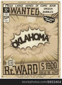 Comic book style poster. Oklahoma - United States of America. Retro poster in style of times the Wild West. Comic speech bubble with speed lines and 3D explosion.